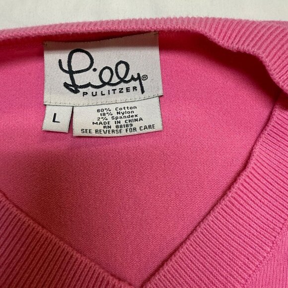 Vintage Lilly Pulitzer V-Neck Sweater Pink Size Large L | Embroidered Palm EUC - Picture 5 of 9